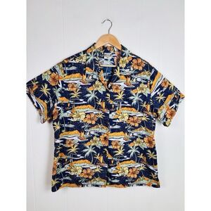 Go Barefoot Hawaiian Shirt Mens 3XL ‎ Blue Orange Hibiscus Palm Tree Cotton USA